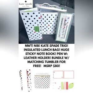 KATE SPADE TRIO! INSULATED LUNCH BAG, HUGE STICKY NOTEBOOK, FANCY PEN W/HOLDER!